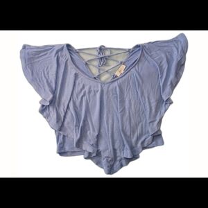 Love J Light Blue Ruffle Sleeve Lace-Up Back Crop Top – Size M